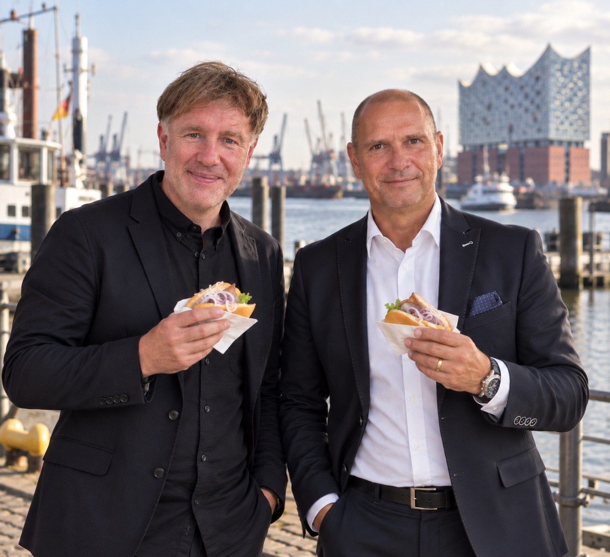 Mario Fritschi und Jörn Zander am Hamburger Hafen, im Hintergrund die Elbphilharmonie