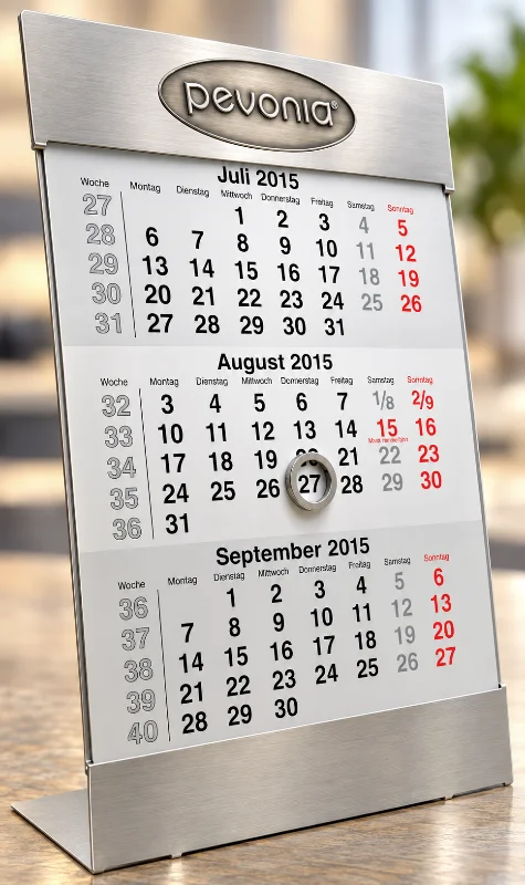 Tischkalender aus Edelstahl mit graviertem Metallschild