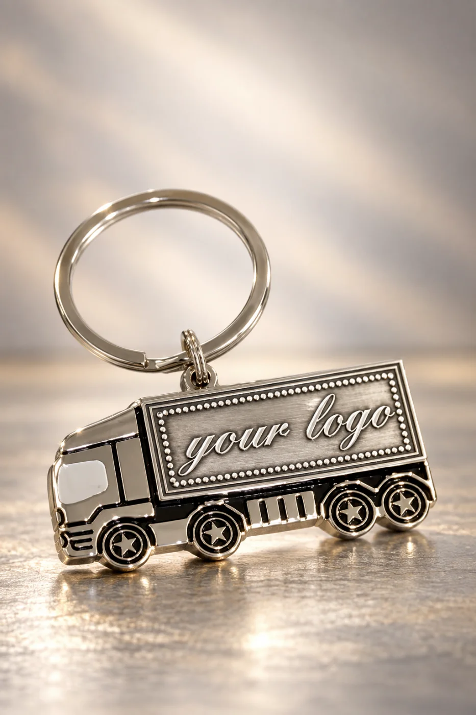 Schlüsselanhänger in LKW-Form aus Metall mit Logoprägung